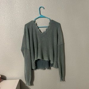 Distressed realist blue off the shoulder sweater
